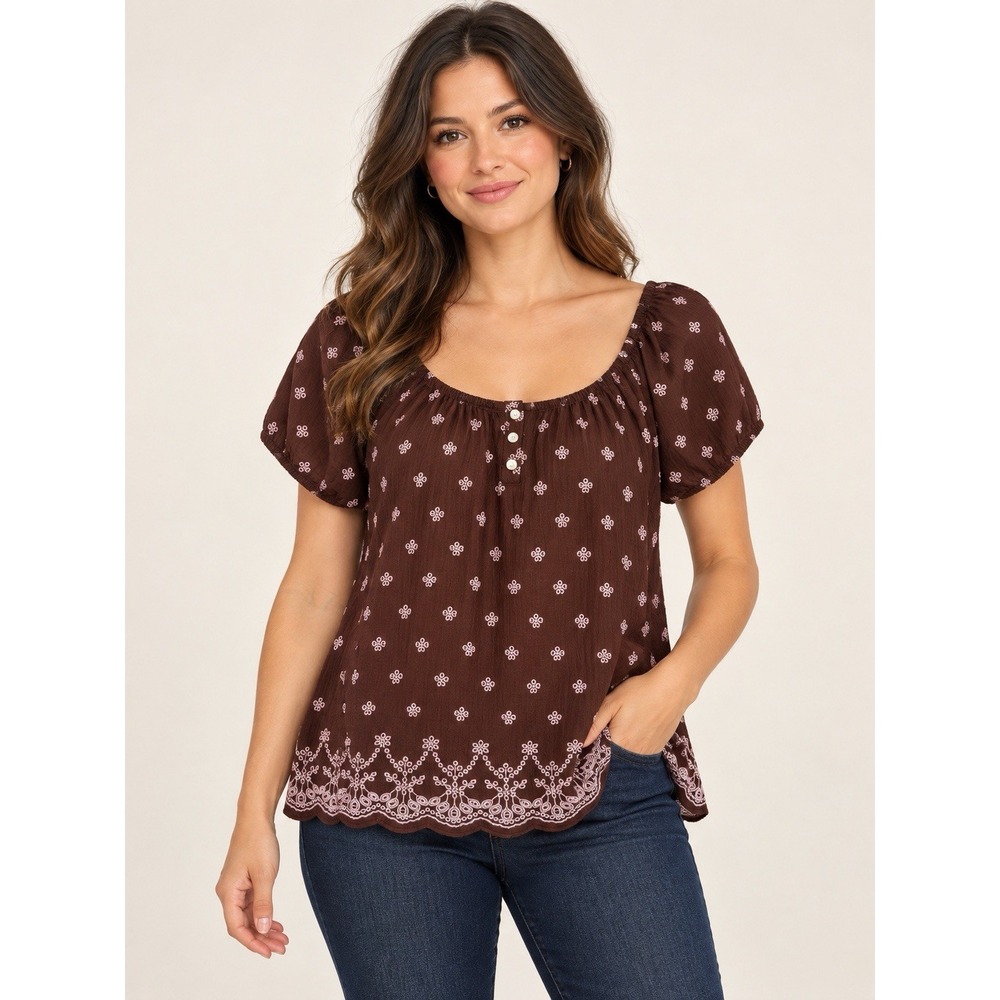 Susan Lawrence Blouse PM Brown Puff Sleeve Embroidered Cottagecore Fairy Grunge